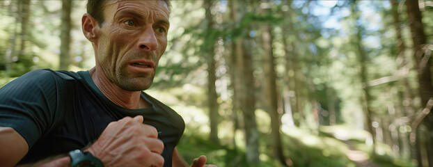 Wall Mural - Close-up macro portrait of long distance ultra marathon trail running athlete, running on an outdoor trail. Man isolated against trail background. Bright clear day, juxtaposition of light and shadow