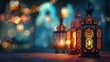 Traditional Arabic lantern lit up for celebrating Eid, Bokeh lights surrounding