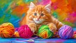 A small kitten rests atop a heap of colorful yarn balls, surrounded by playful toys