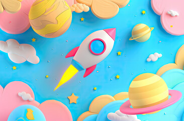  3D cartoon planet Earth, rocket and moon floating in space, simple background with clouds and planets, in the style of clay illustration, pink blue yellow color palette, cute cartoon design
