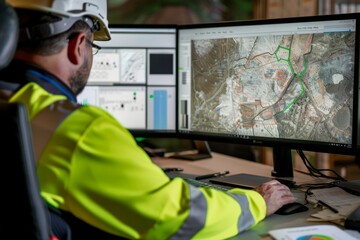 Wall Mural - Mining Engineer Analyzing Geological Data And Mine Plans in an Office Setting, Highlighting The Strategic Planning, Generative AI