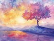 Bright pastel watercolor whimsical tree, serene and tranquil, softly glowing with calm