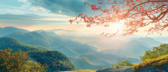 Wall Mural - An autumn morning sky of light and mountains reflecting the sun on World Environment Day