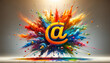 3d arobase exploding in colorful paint- electronic mail, website, contact