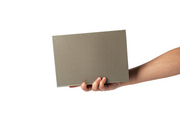 Wall Mural - Blank grey book cover in hand on transparent background.