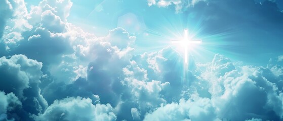 Poster - The Christian cross was bright in the sky, surrounded by soft fluffy clouds, white and beautiful colors, and shining as a symbol of hope, love, and freedom.