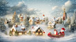 Santa rides his sleigh through a quaint village adorned with festive lights under a gentle snowfall