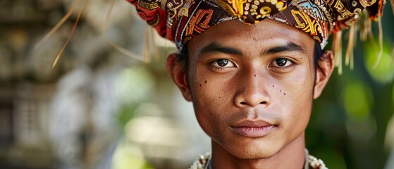 Wall Mural - A young Balinese man wearing a national headdress in close-up.