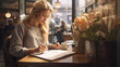 Beautiful young blonde woman sketching in a cafe