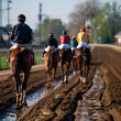 Racehorses with their jockeys trotting back after a training session on a sunlit dirt racetrack. Generative Al
