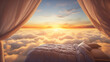 © Adin - Concept full relax for sleep. Serene bed wrapped in clouds basked in golden hour light, evoking peaceful rest with sunset.