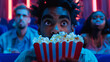 Shocked man with popcorn in a movie theater with audience. Shallow field of view.	