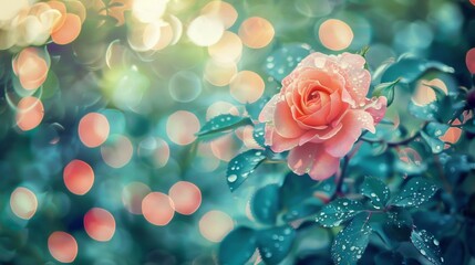 Wall Mural - A pink rose covered in water droplets, showcasing the delicate beauty and freshness of nature