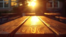 Sunset Beams Over A Wet Wooden Picnic Table After Rain