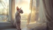 A Sphynx cat gazes out a sunny window, contemplative and calm. Warm light bathes the room, creating a peaceful atmosphere. Indoor portrait of a pet enjoying a quiet moment. AI