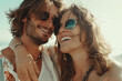 © ALL YOU NEED studio - smiling beautiful young couple wearing boho style clothes enjoying their time together on the beach, cinematic style photography, summer vacation