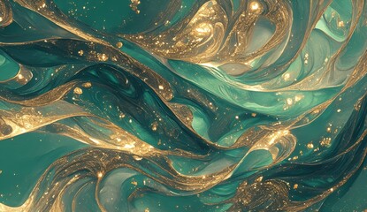 abstract fluid art, emerald green and gold, glittering liquid, swirls of watercolour