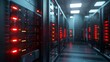Servers aglow in red in a dimly lit data center corridor