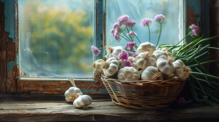 Wall Mural - Bowl of Garlic on Wooden Table