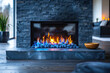 A modern fireplace with blue flames, set in an elegant living room. The black stone wall and the bright colors of the fire create contrast against the dark wood floor. Created with Ai