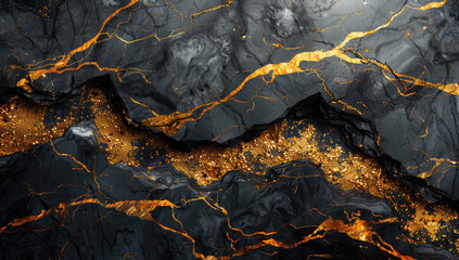  Black marble with golden veins, top view, closeup. Created with Ai