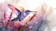 6K detailed pastel watercolor of a hummingbird hovering over a flower, serene and lifelike