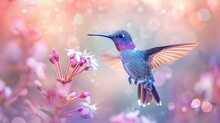 Delicate Hummingbird In Pastel, Detailed Watercolor, 6K, Hovering Over A Flower, Serene And Vibrant