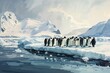 A painting depicting a group of penguins huddled together on an icy iceberg.