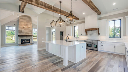 white kitchen in a luxurious modern farmhouse, sunlight shining through a large window, fruit and sandwiches on the tables