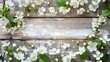 White Spring Background. Blooming Fruit Flowers on Wooden Table for a Healthy Environment