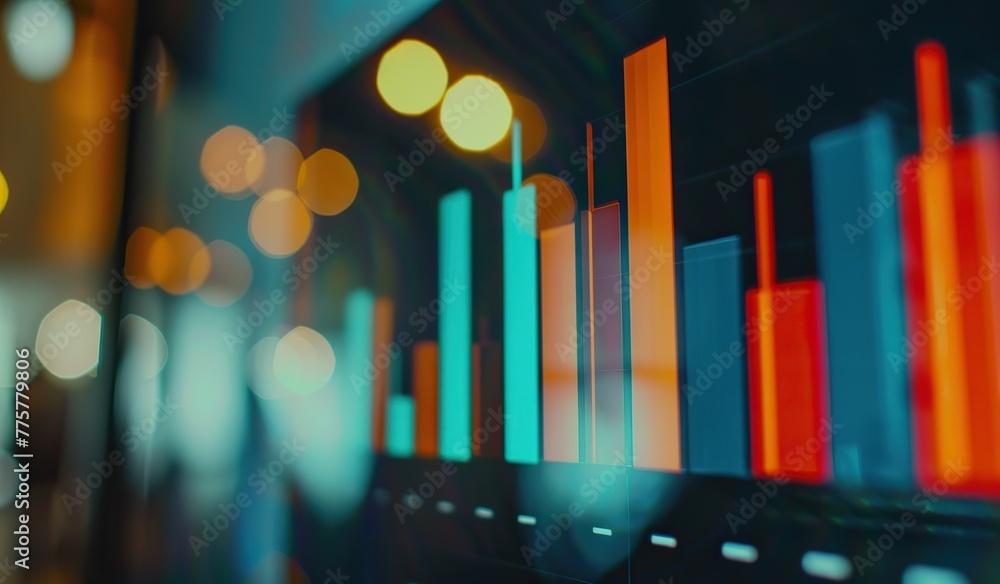 Stock index graphs against a backdrop of blurred light flares. The ...