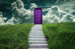 a purple door in the middle of green grass, sky with dark clouds, white stairs leading up to it