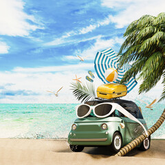 Canvas Print - Cute green car with luggage on beautiful sand beach. Summer travel concept background with copy space. 3D Rendering, 3D Illustration