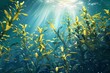 photorealistic yellow green kelp plant, underwater, sunlight rays, ocean background.