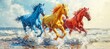 Horse herd galloping at beach. Blue, yellow, and red colors. Generative AI technology.