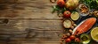 Healthy eating. The concept of healthy eating, fresh vegetables, fish, nuts and fruits. On a wooden background. View from above. place for text. generative ai