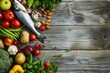 Healthy eating. The concept of healthy eating, fresh vegetables, fish, nuts and fruits. On a wooden background. View from above. place for text. generative ai