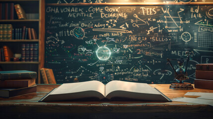 Teacher's desk with textbook, Scientific mathematical symbols on blackboard, concept of education innovation