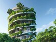 An eco-friendly building with a living green wall extending upwards in a spiral pattern