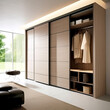 Wooden wardrobe in minimalist style interior design of modern bedroom.
