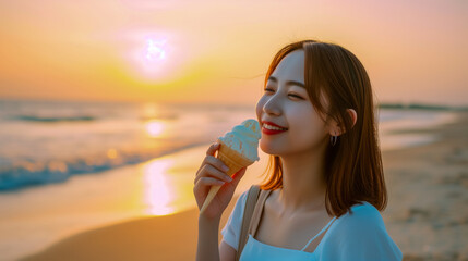 Wall Mural - Beautiful smiling young  Chinese / Japanese Asian woman eating an ice cream on a beach with the sea in the background at sunset.