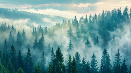  In the  morning, a thick fog shrouds the mountain scenery, wrapping around the coniferous trees