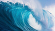 Summer concept. Breathtaking turquoise wave crashes on a perfect summer day at the sea. Beautiful glistening tube wave crashes in the middle of the breathtaking ocean. Powerful water rush.
