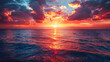 Vibrant ocean sunset with dramatic clouds and reflections on water.