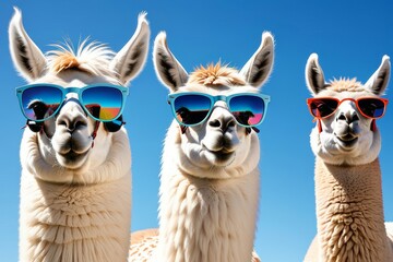 Pink lama in sunglasses, cartoon flat isolated on white background.