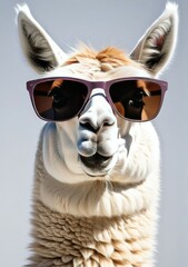 Wall Mural - Pink lama in sunglasses, cartoon flat isolated on white background.