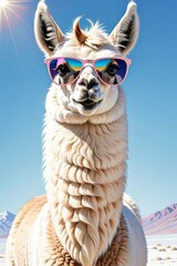 Wall Mural - Pink lama in sunglasses, cartoon flat isolated on white background.