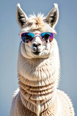 Poster - Pink lama in sunglasses, cartoon flat isolated on white background.