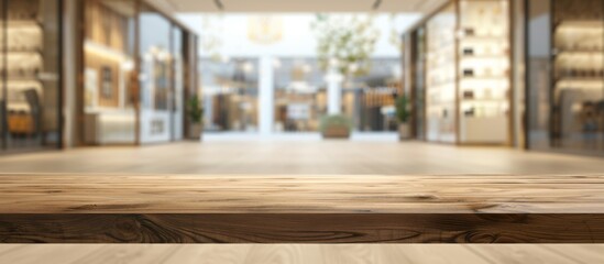 Poster - Wooden table top in front of a glass door