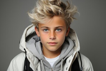 Wall Mural - Portrait of a young man with tousled blond hair and blue eyes wearing a white hooded jacket.